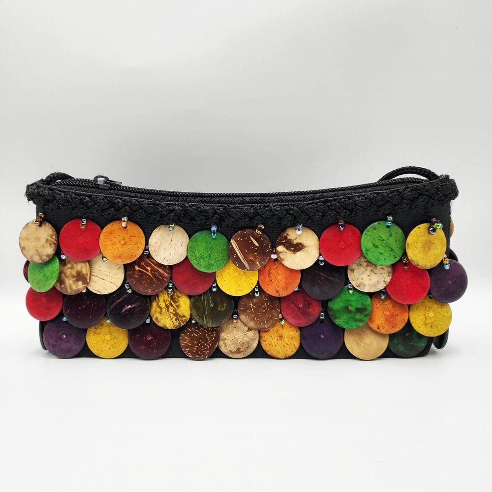 Artisan Wooden Shell Discs Structured Crossbody Boho Handcrafted Multicolored